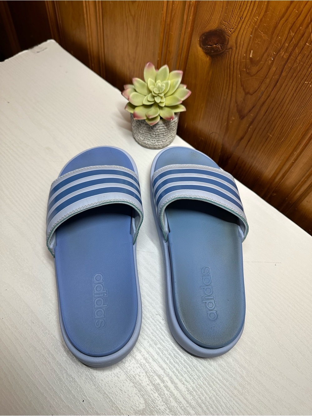 adidas Light Blue Striped Slide Sandals - Picture 2 of 15